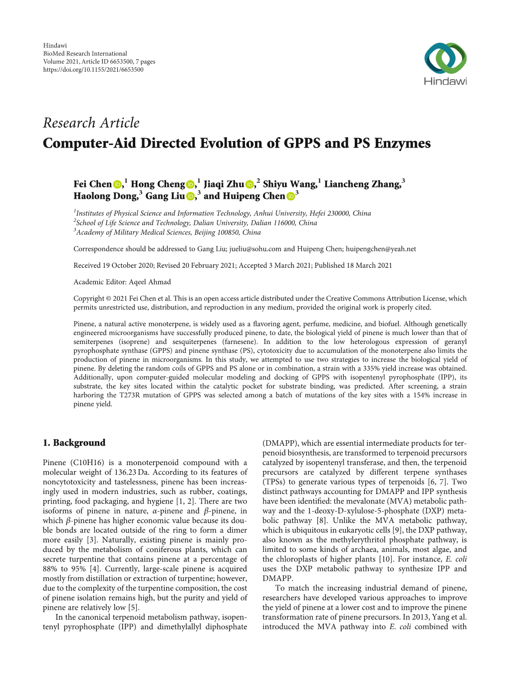 Research Article Computer-Aid Directed Evolution of GPPS and PS Enzymes