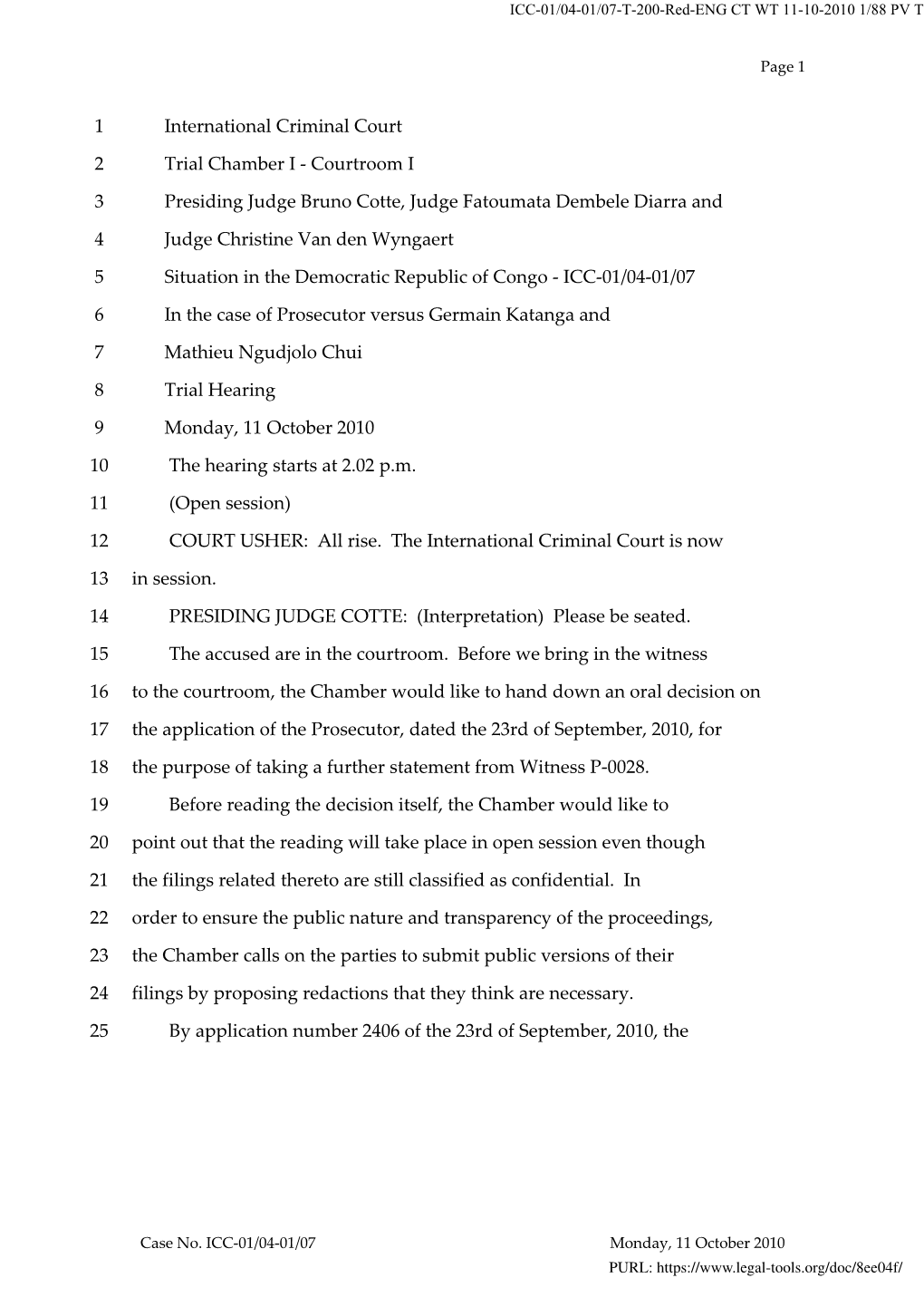 1 International Criminal Court 2 Trial Chamber I