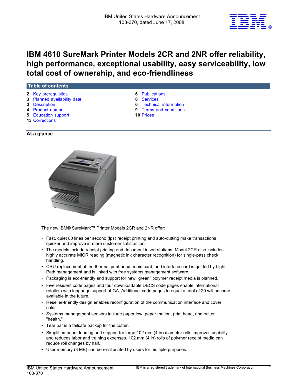 IBM 4610 Suremark Printer Models 2CR and 2NR Offer Reliability, High