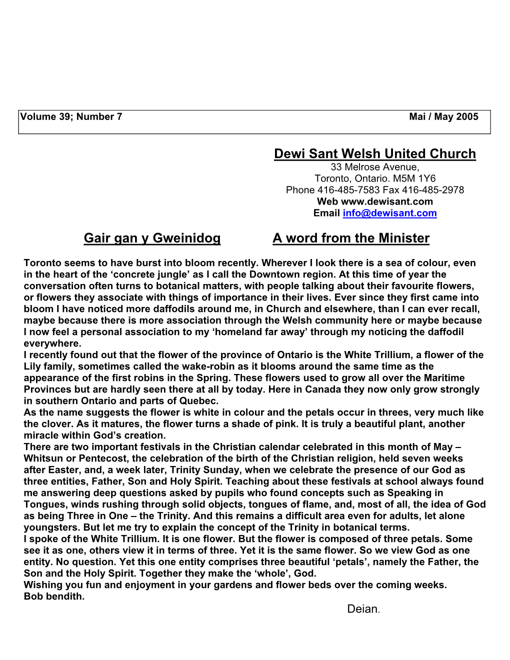 Dewi Sant Welsh United Church Gair Gan Y Gweinidog a Word from the Minister