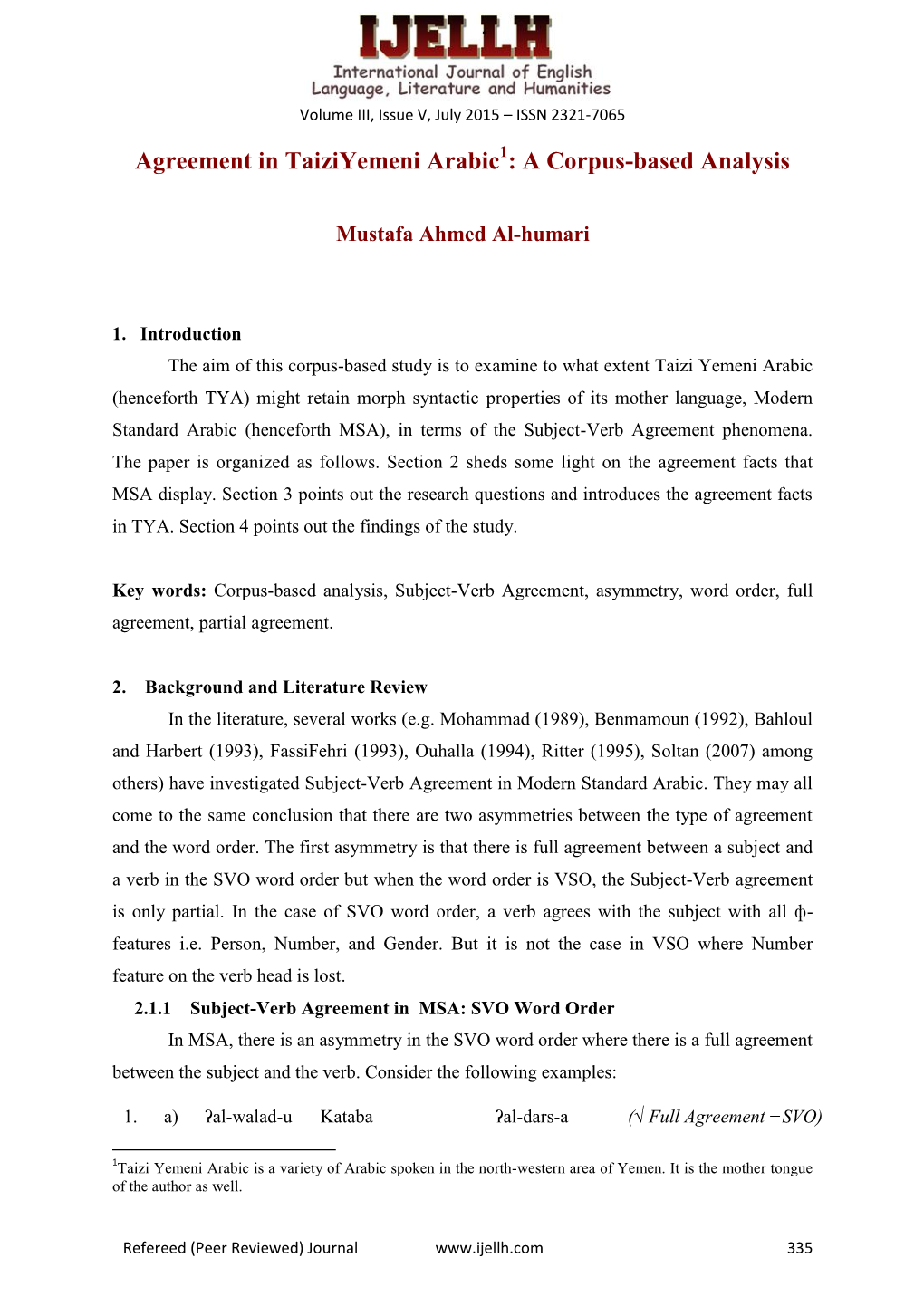 Agreement in Taiziyemeni Arabic : a Corpus-Based Analysis