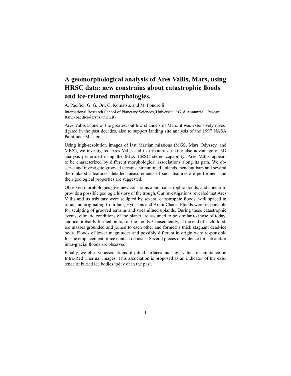 A Geomorphological Analysis of Ares Vallis, Mars, Using HRSC Data: New Constrains About Catastrophic ﬂoods and Ice-Related Morphologies