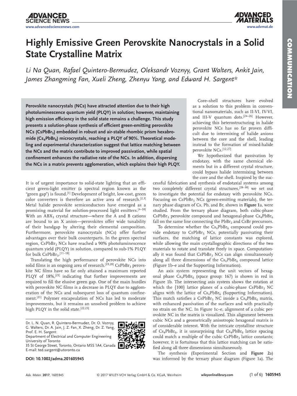 Highly Emissive Green Perovskite Nanocrystals in a Solid State