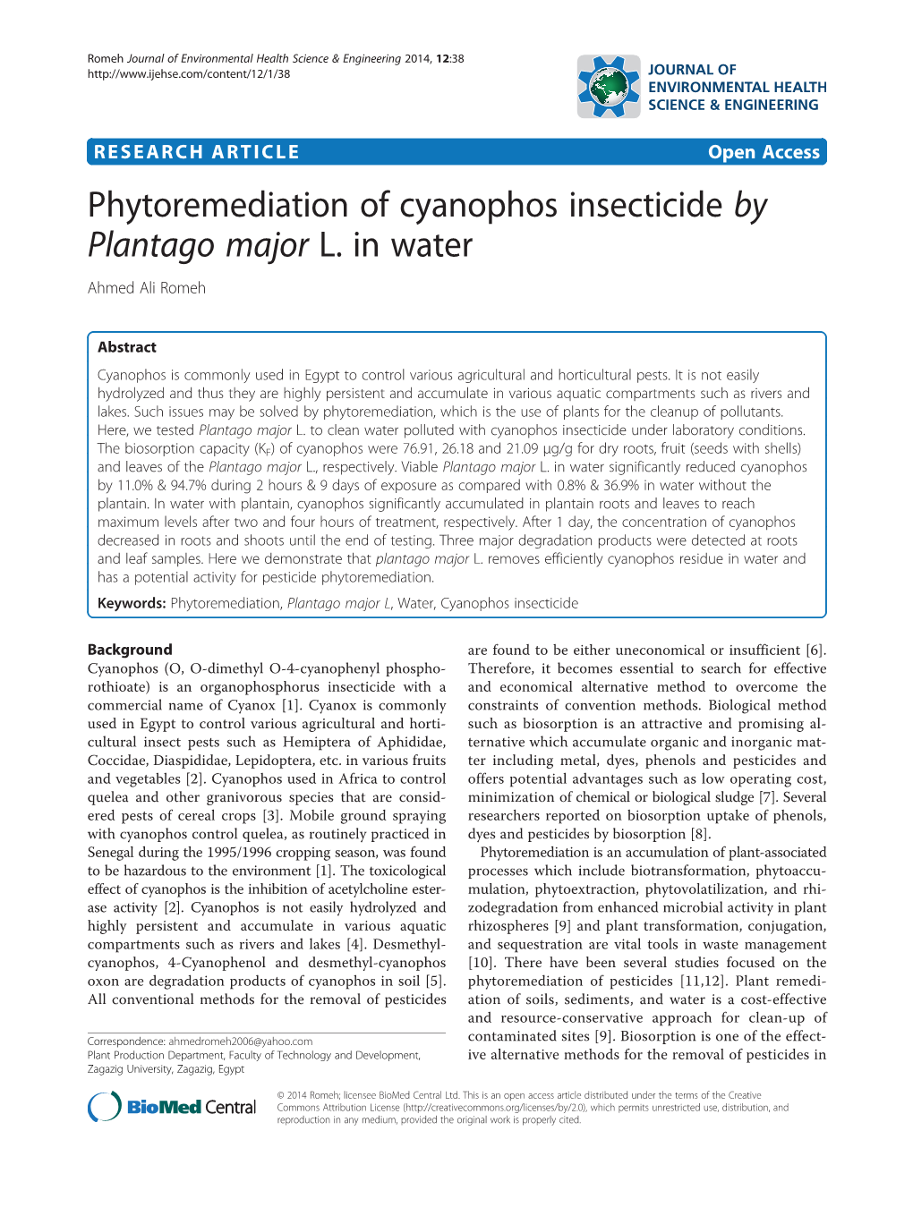 Phytoremediation of Cyanophos Insecticide by Plantago Major L. in Water Ahmed Ali Romeh