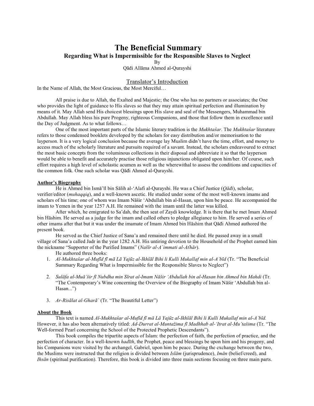 The Beneficial Summary Regarding What Is Impermissible for the Responsible Slaves to Neglect by Qāđi Allāma Ahmed Al-Qurayshi