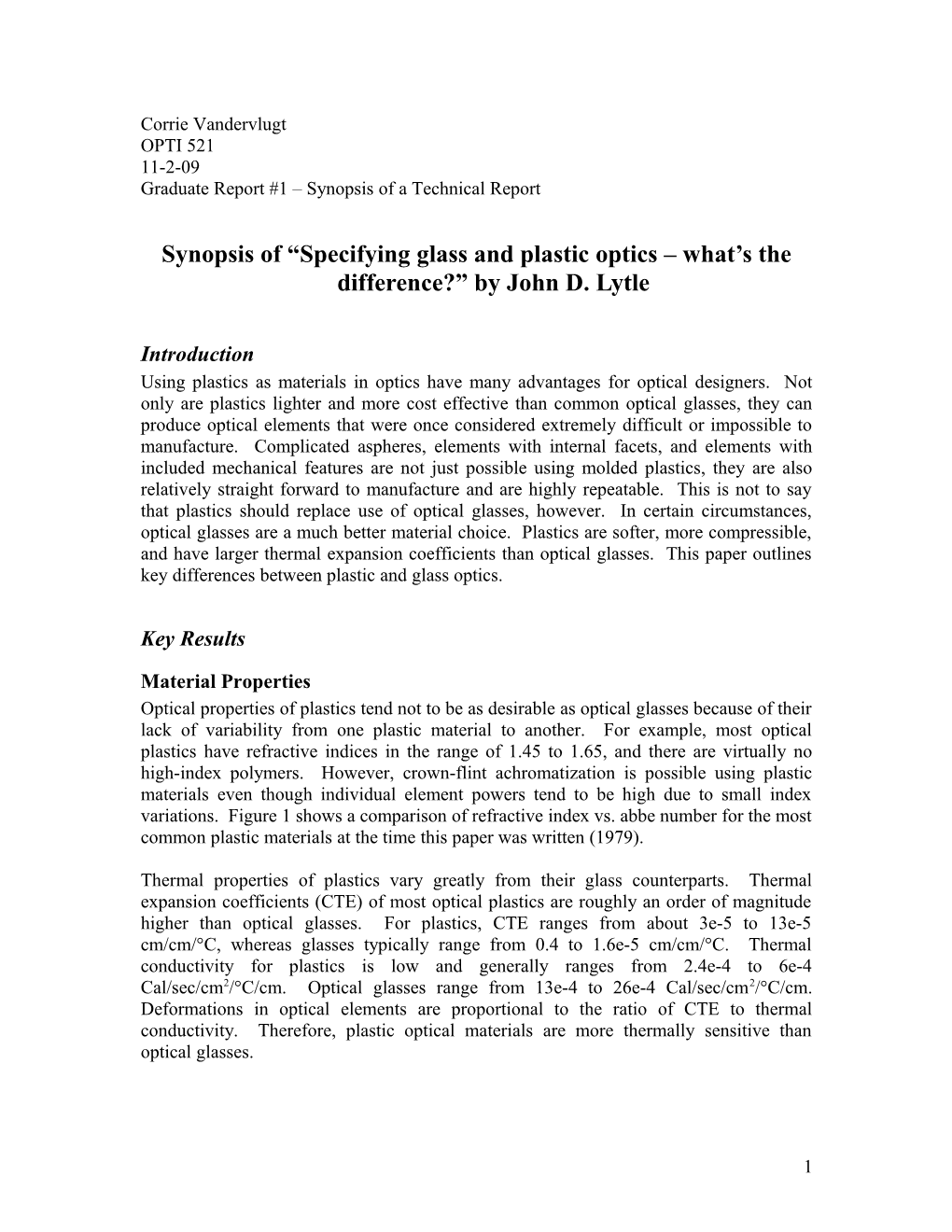 Synopsis of Specifying Glass and Plastic Optics What S the Difference? by John D. Lytle