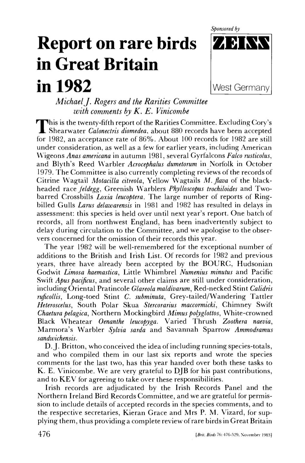 Report on Rare Birds in Great Britain in 1982 Michael J
