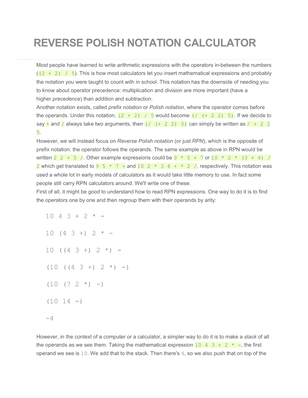 Reverse Polish Notation Calculator