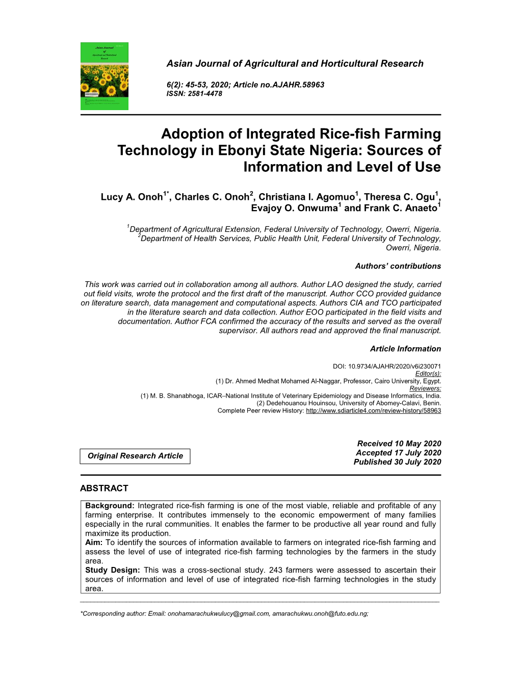 Adoption of Integrated Rice-Fish Farming Technology in Ebonyi State Nigeria: Sources of Information and Level of Use