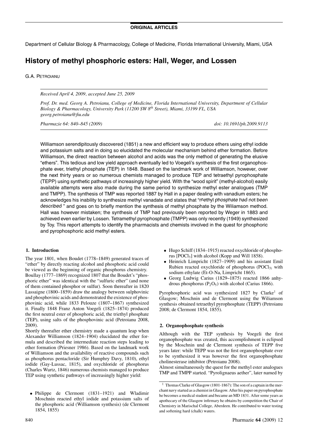 History of Methyl Phosphoric Esters: Hall, Weger, and Lossen