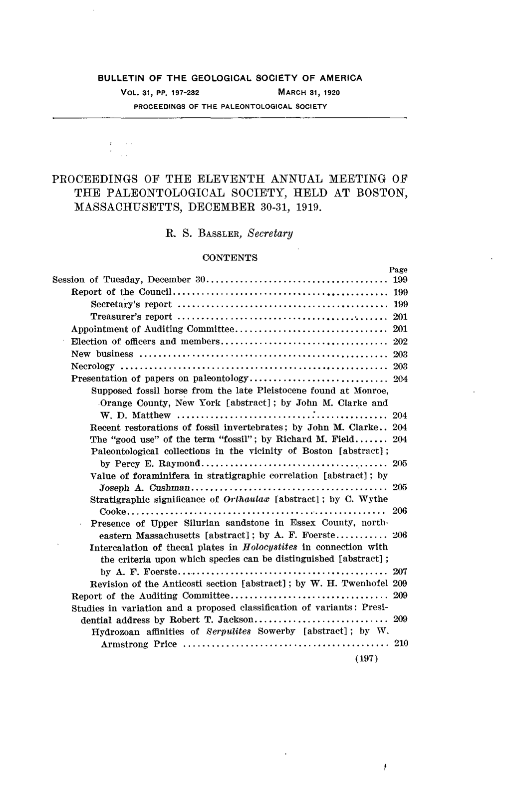 Proceedings of the Eleventh Annual Meeting of the Paleontological Society, Held at Boston, Massachusetts, December 30-31, 1919