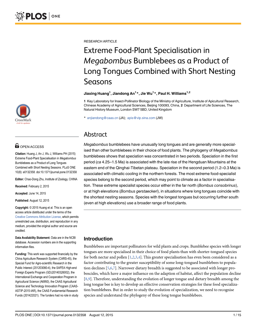 Extreme Food-Plant Specialisation in Megabombus Bumblebees As a Product of Long Tongues Combined with Short Nesting Seasons