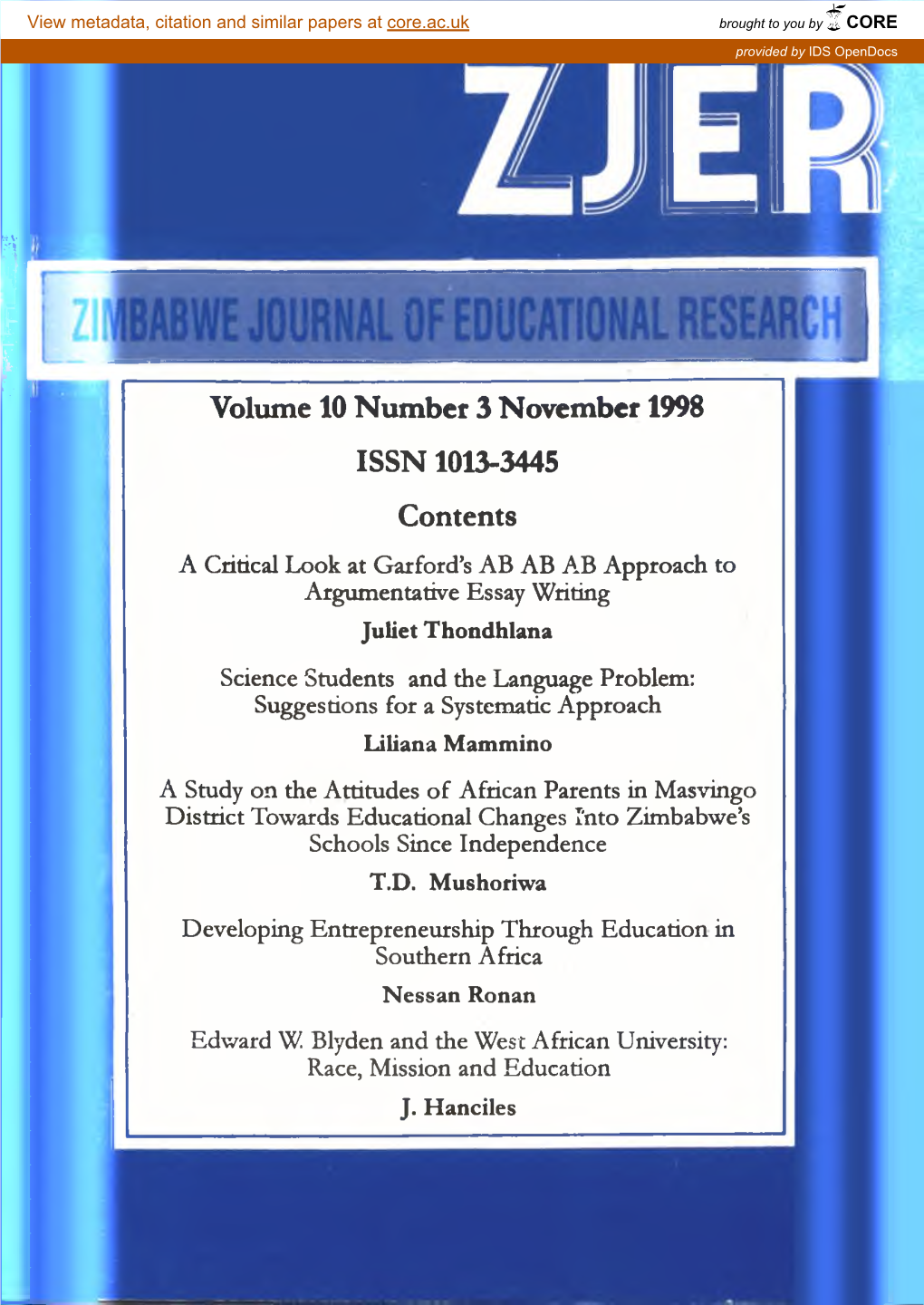 Volume 10 Number 3 November 1998 ISSN 1013-3445 Contents