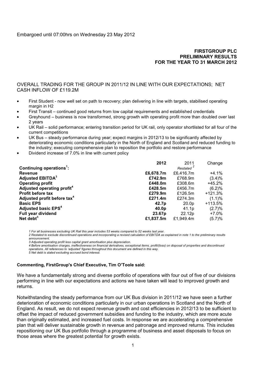 Firstgroup Plc Preliminary Results for the Year to 31 March 2012