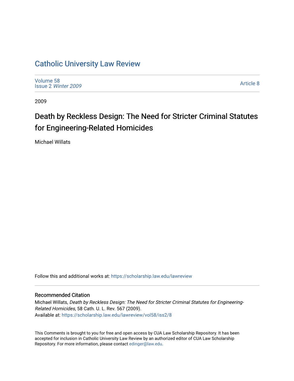 Death by Reckless Design: the Need for Stricter Criminal Statutes for Engineering-Related Homicides