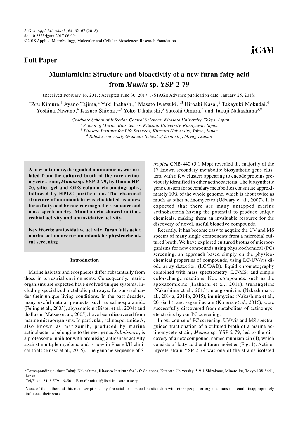 Structure and Bioactivity of a New Furan Fatty Acid from Mumia Sp. YSP-2-79