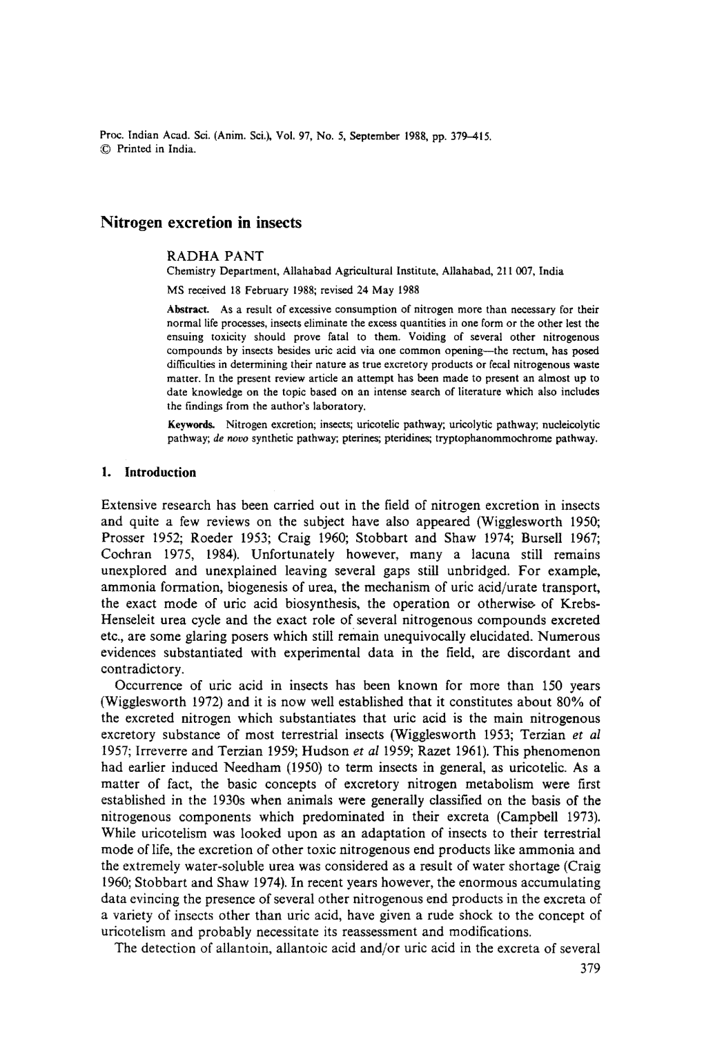 Nitrogen Excretion in Insects