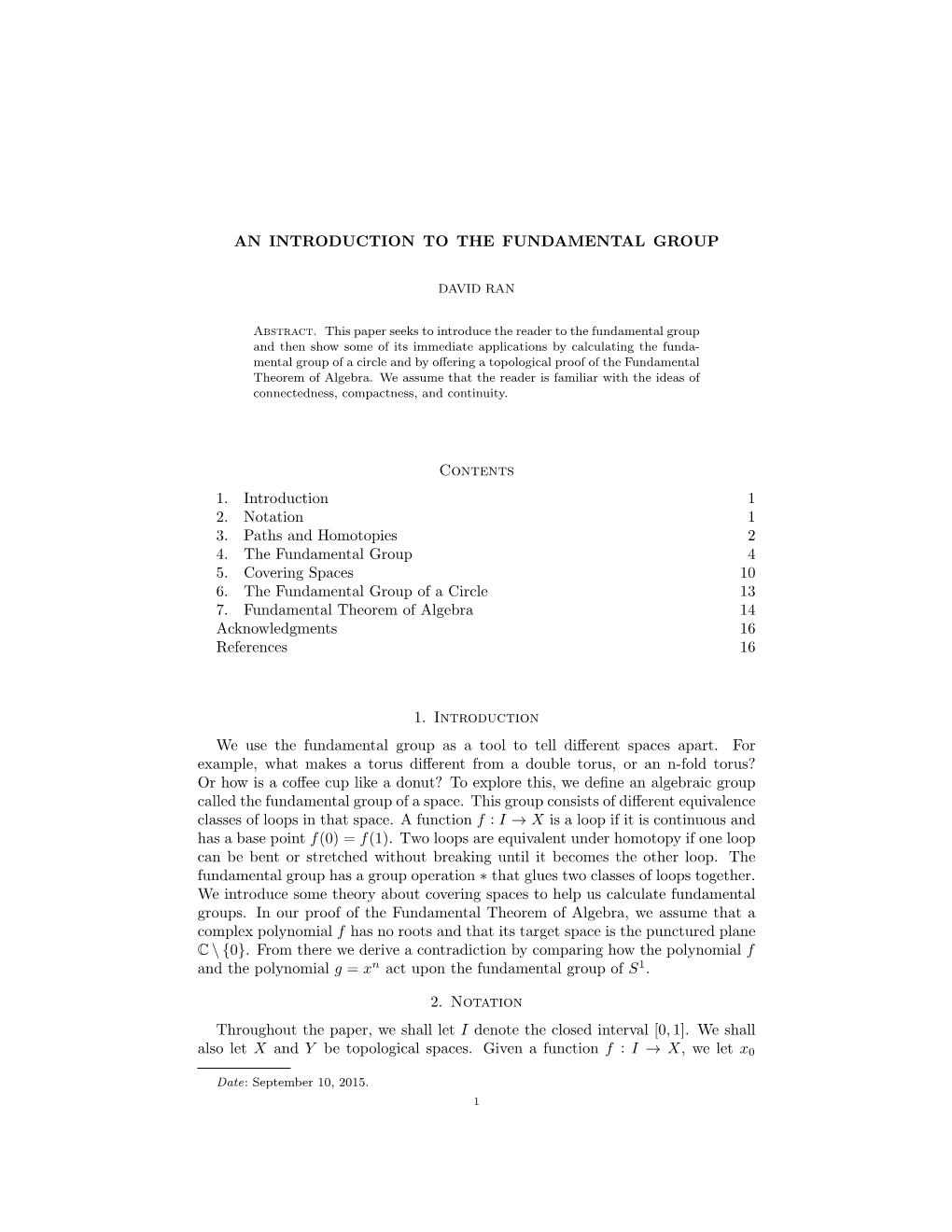 AN INTRODUCTION to the FUNDAMENTAL GROUP Contents