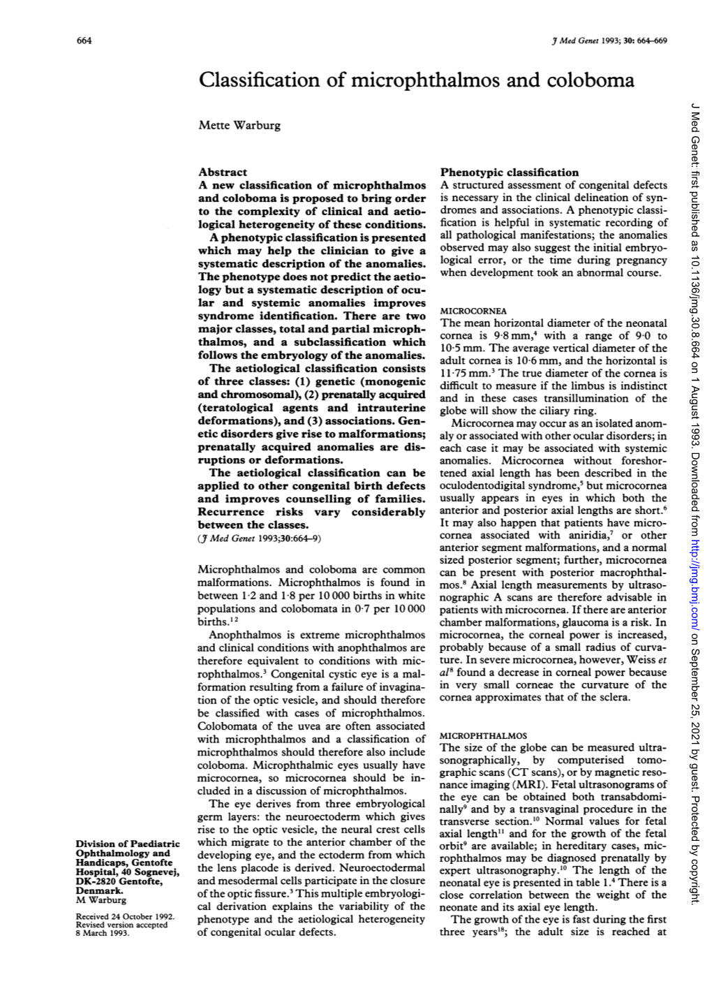 Classification of Microphthalmos and Coloboma J Med Genet: First Published As 10.1136/Jmg.30.8.664 on 1 August 1993