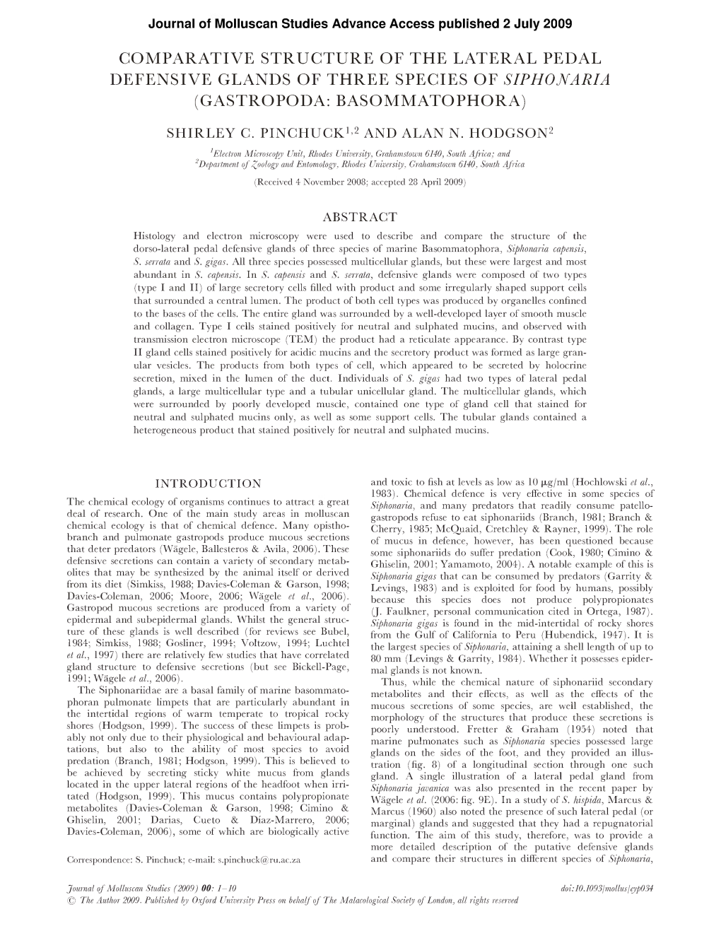 Comparative Structure of the Lateral Pedal Defensive Glands of Three Species of Siphonaria (Gastropoda: Basommatophora)