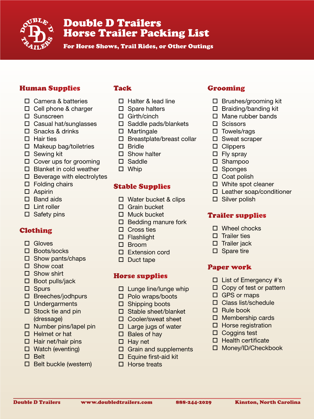 Double D Horse Trailer Packing List