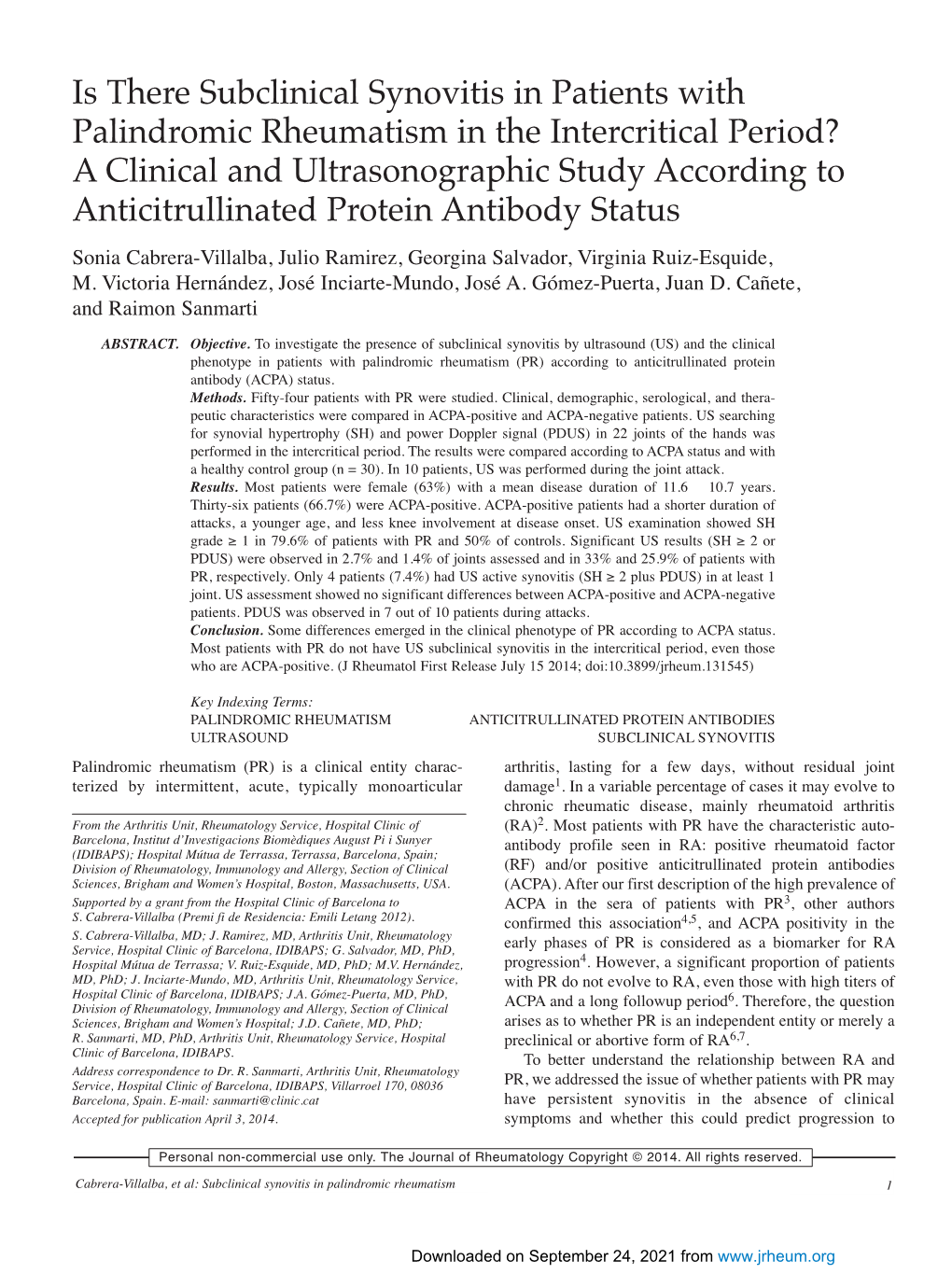 Is There Subclinical Synovitis in Patients with Palindromic