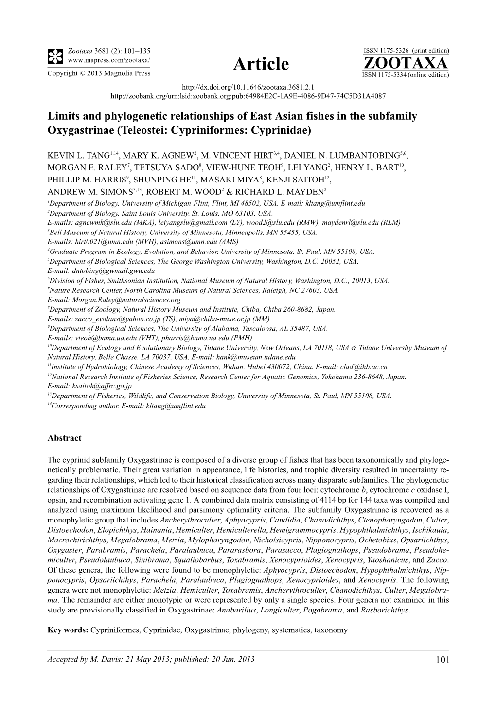 Limits and Phylogenetic Relationships of East Asian Fishes in the Subfamily Oxygastrinae (Teleostei: Cypriniformes: Cyprinidae)