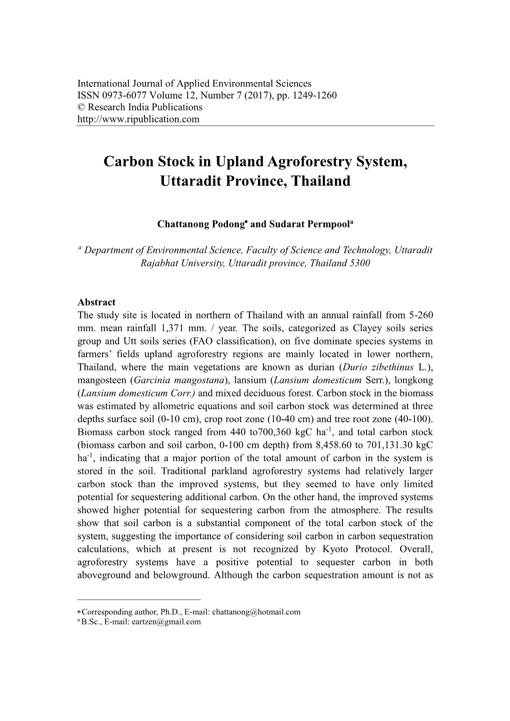 Carbon Stock in Upland Agroforestry System, Uttaradit Province, Thailand