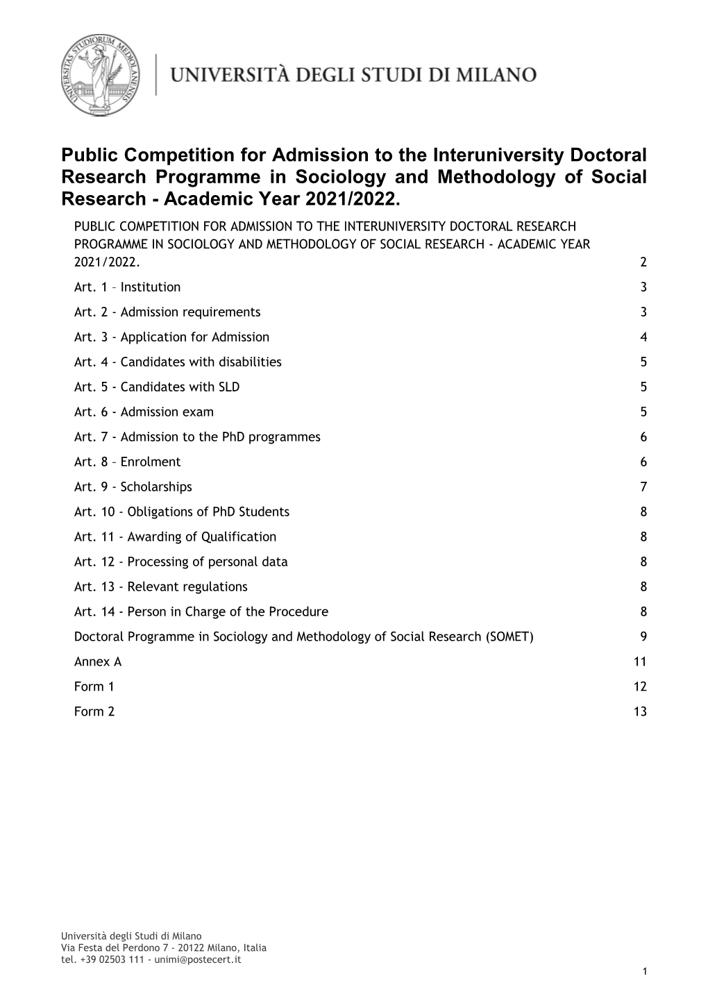 Bando Dottorato in Sociology and Methodology of Social