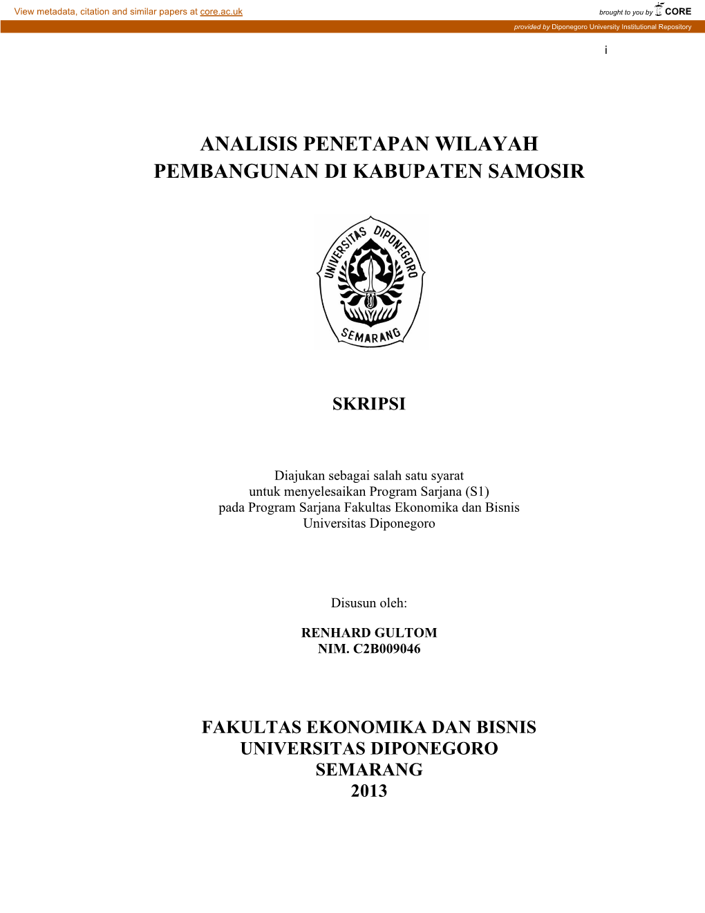 Analisis Penetapan Wilayah Pembangunan Di Kabupaten Samosir
