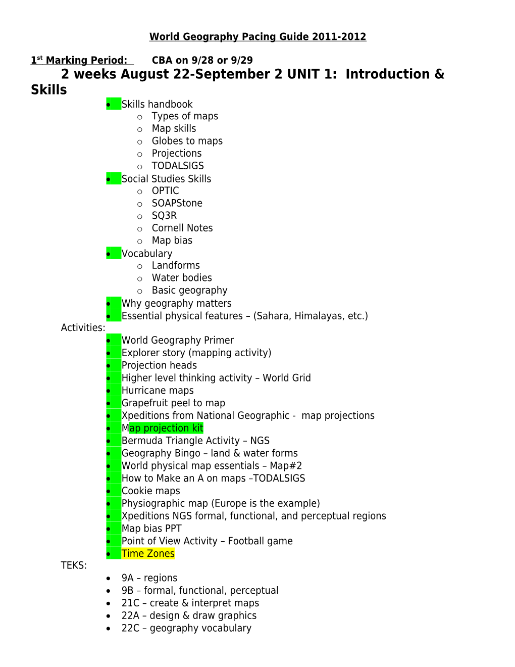 World Geography Pacing Guide 2011-2012