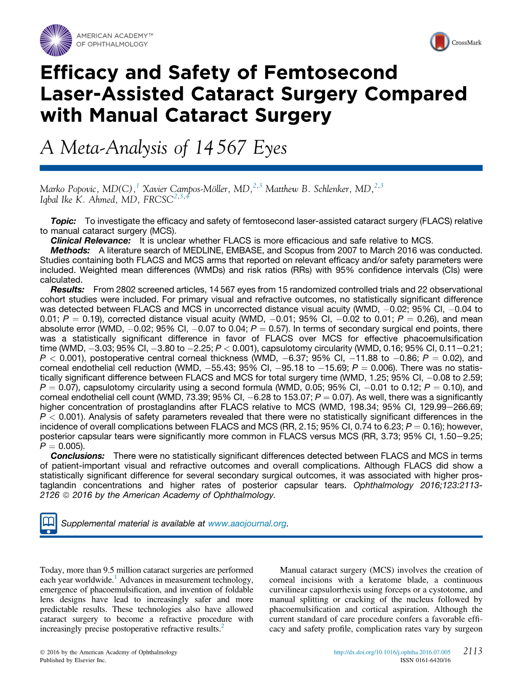 Efficacy and Safety of Femtosecond Laser-Assisted Cataract Surgery