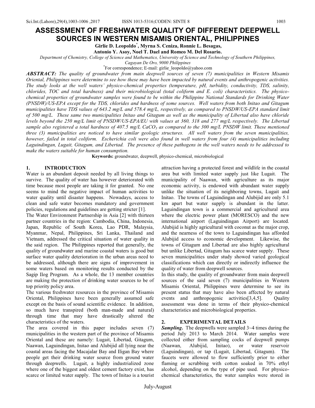 ASSESSMENT of FRESHWATER QUALITY of DIFFERENT DEEPWELL SOURCES in WESTERN MISAMIS ORIENTAL, PHILIPPINES Girlie D