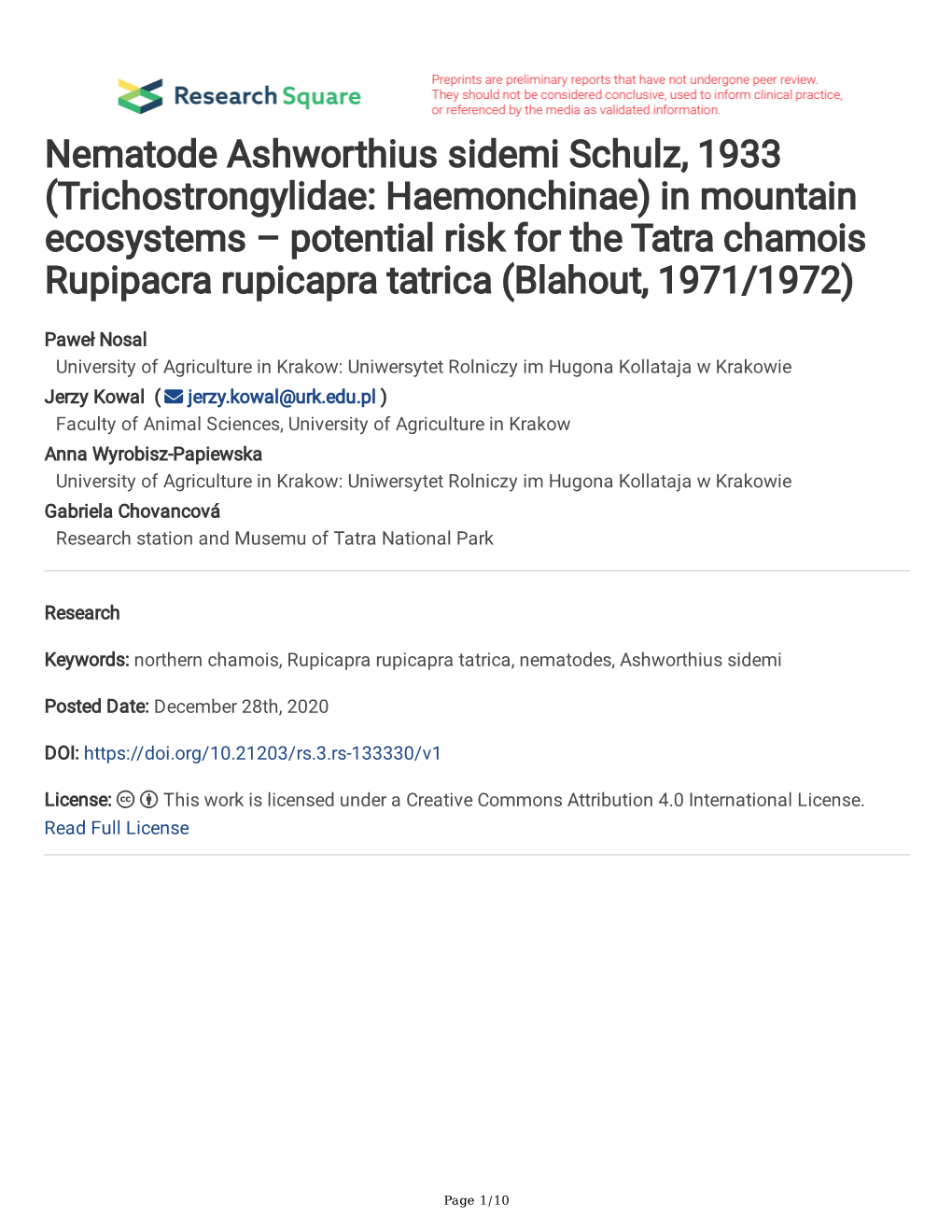 Trichostrongylidae: Haemonchinae) in Mountain Ecosystems – Potential Risk for the Tatra Chamois Rupipacra Rupicapra Tatrica (Blahout, 1971/1972)