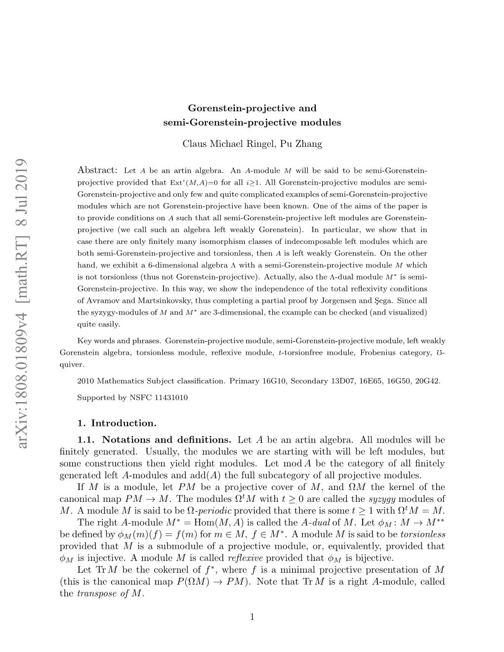 Arxiv:1808.01809V4 [Math.RT] 8 Jul 2019 Oesenagba Osols Oue Eeiemodule, Reﬂexive Module, Torsionless Algebra, Gorenstein Rvddthat Provided Quiver