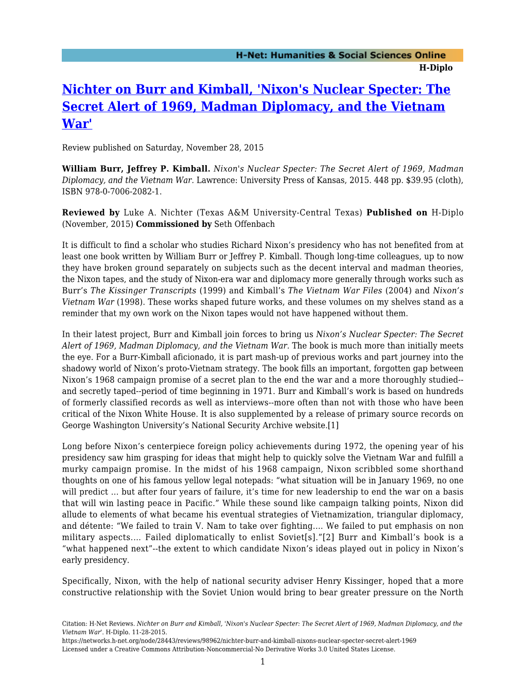 'Nixon's Nuclear Specter: the Secret Alert of 1969, Madman Diplomacy, and the Vietnam War'