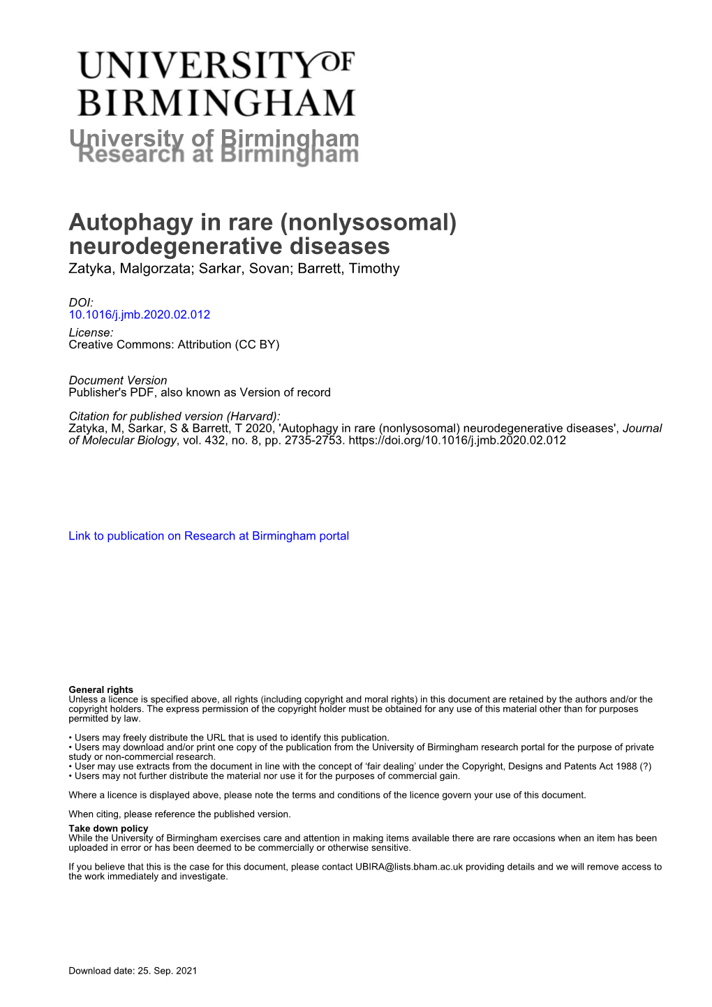 Neurodegenerative Diseases Zatyka, Malgorzata; Sarkar, Sovan; Barrett, Timothy