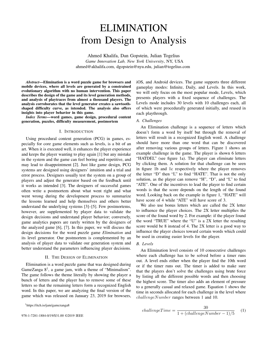 ELIMINATION from Design to Analysis