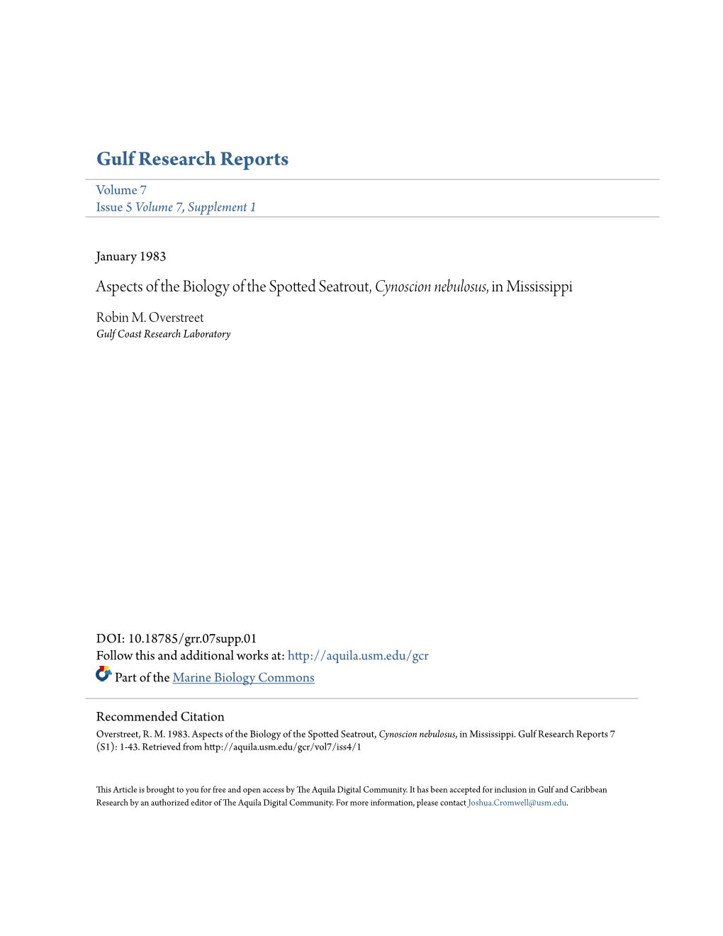 Aspects of the Biology of the Spotted Seatrout, Cynoscion Nebulosus, in Mississippi Robin M