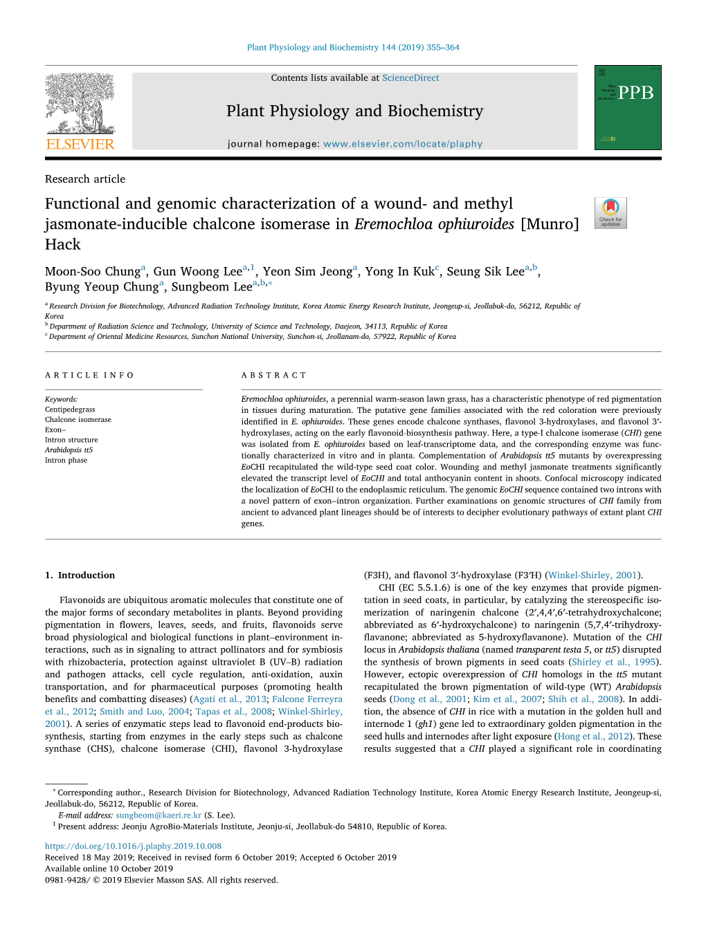 And Methyl Jasmonate-Inducible Chalcone Isomerase in Eremochloa Ophiuroides [Munro] T Hack