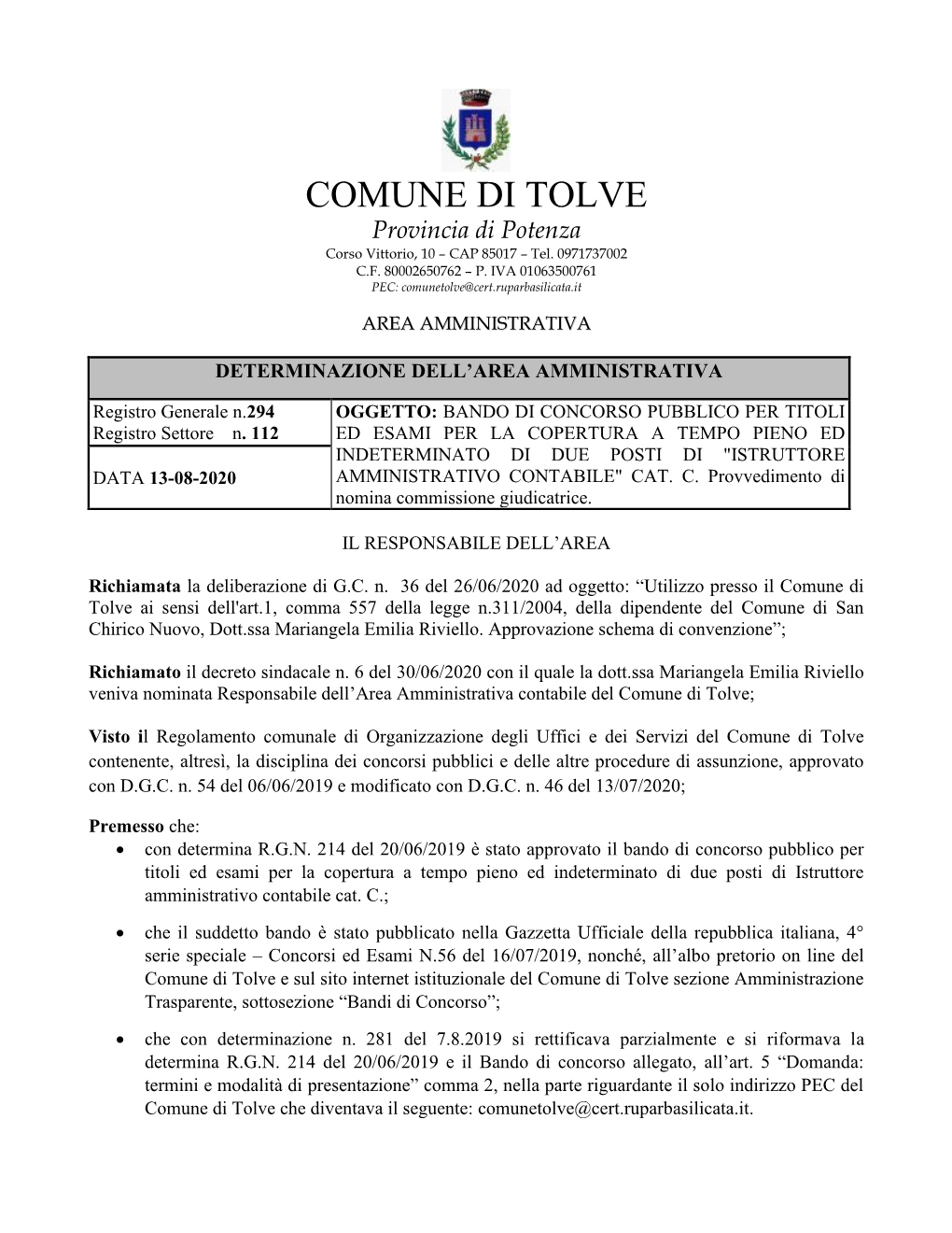 COMUNE DI TOLVE Provincia Di Potenza Corso Vittorio, 10 – CAP 85017 – Tel
