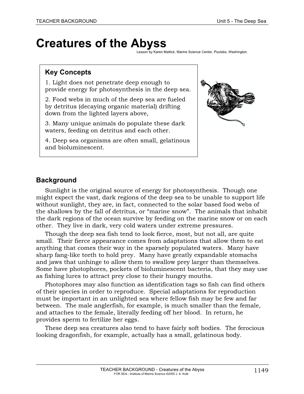 Creatures of the Abyss Lesson by Karen Mattick, Marine Science Center, Poulsbo, Washington
