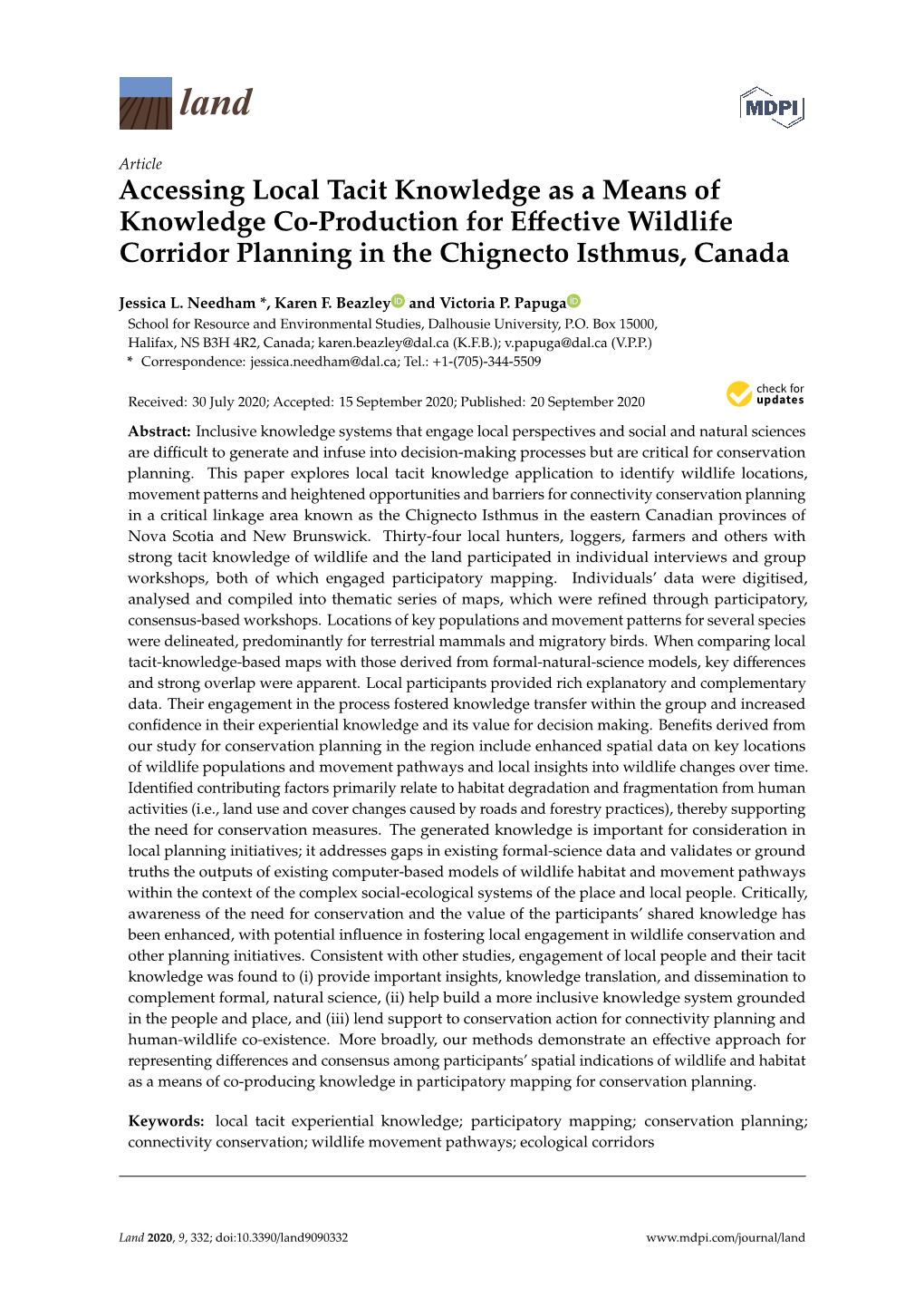Accessing Local Tacit Knowledge As a Means of Knowledge Co-Production for Eﬀective Wildlife Corridor Planning in the Chignecto Isthmus, Canada