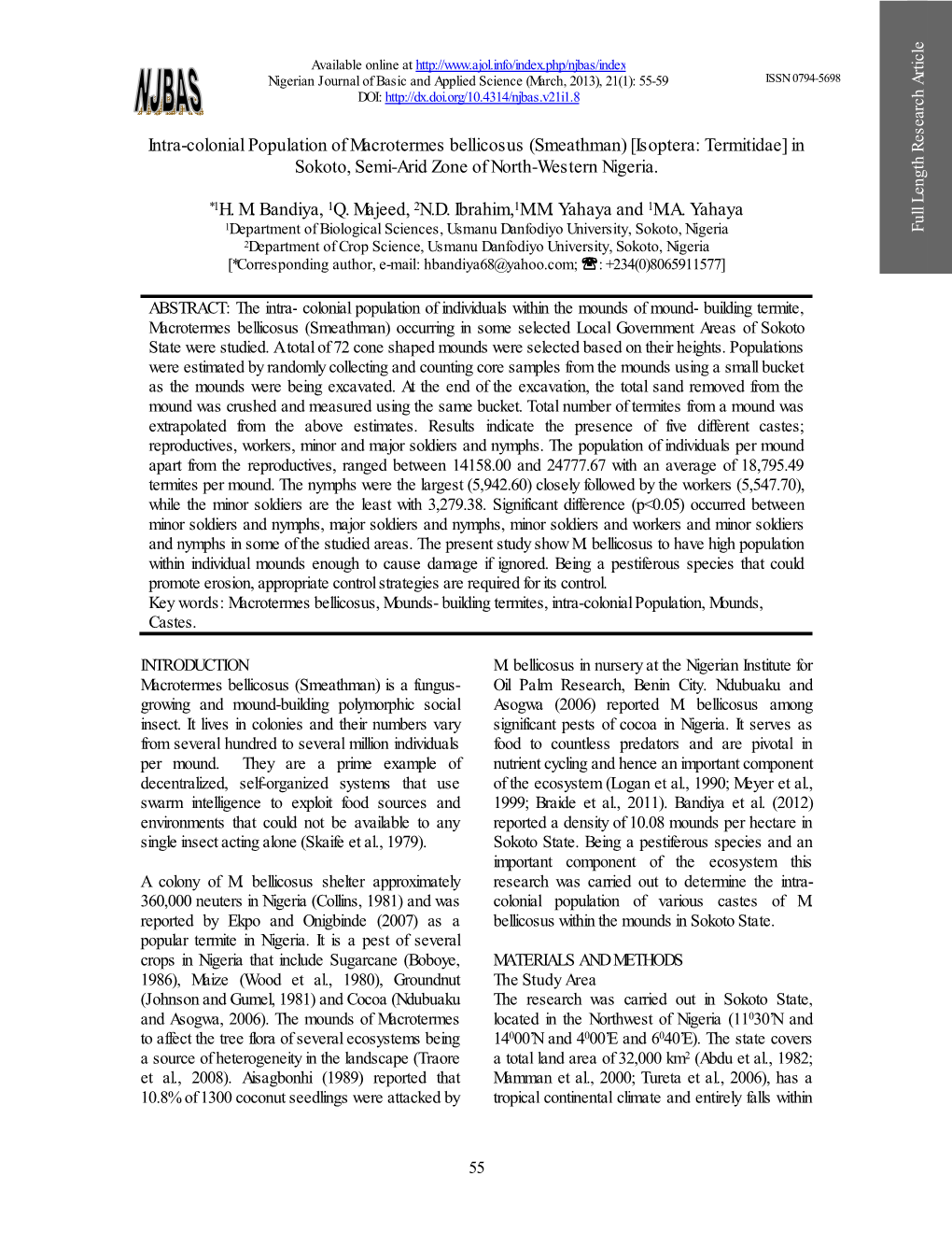 Intra-Colonial Population of Macrotermes Bellicosus (Smeathman) [Isoptera: Termitidae] in Sokoto, Semi-Arid Zone of North-Western Nigeria