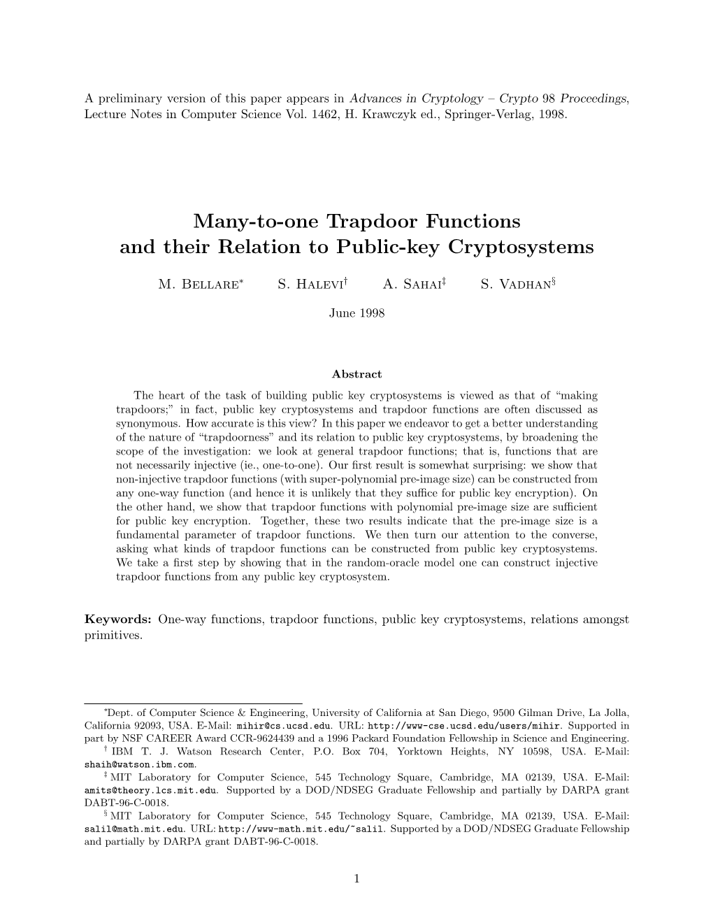 Many-To-One Trapdoor Functions and Their Relation to Public-Key Cryptosystems