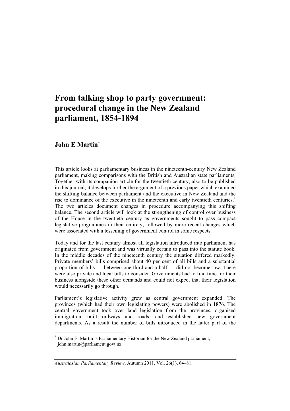 Procedural Change in the New Zealand Parliament, 1854-1894