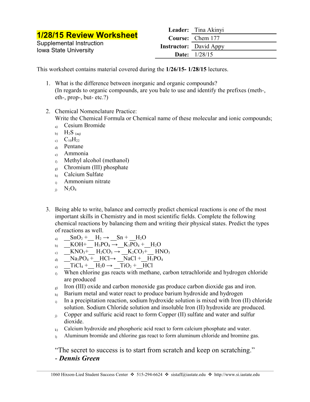 This Worksheet Contains Material Covered During the 1/26/15- 1/28/15 Lectures