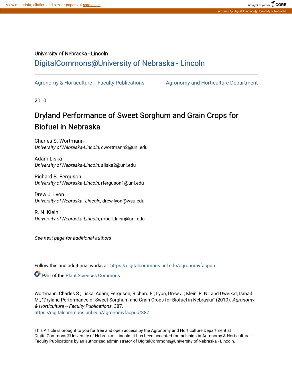 Dryland Performance of Sweet Sorghum and Grain Crops for Biofuel in Nebraska