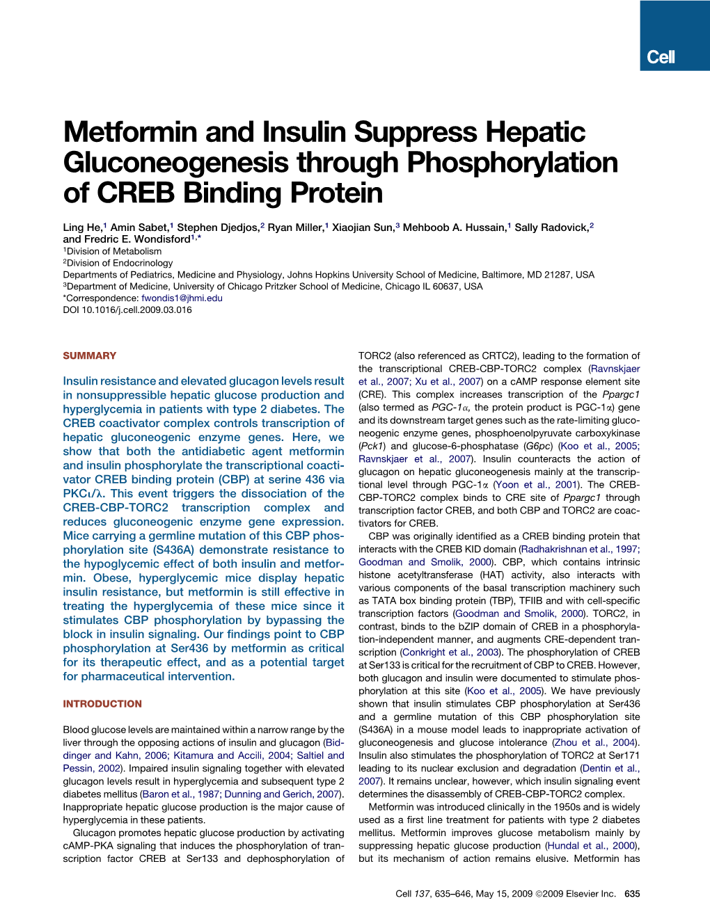 Metformin and Insulin Suppress Hepatic Gluconeogenesis Through Phosphorylation of CREB Binding Protein