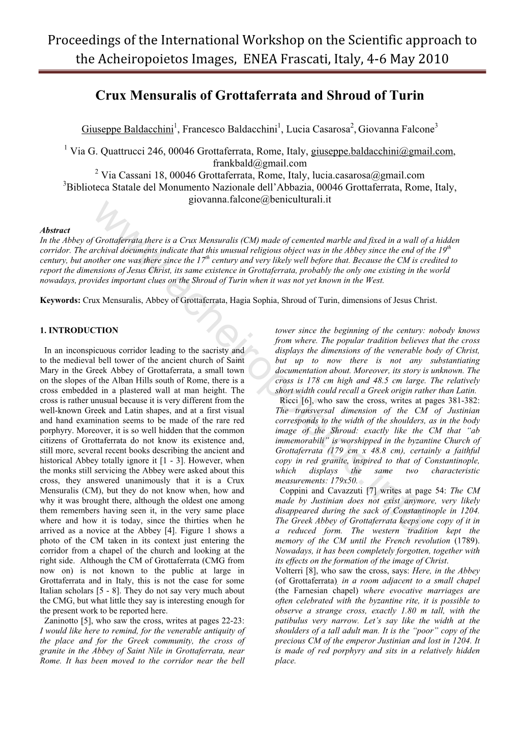 Crux Mensuralis of Grottaferrata and Shroud of Turin